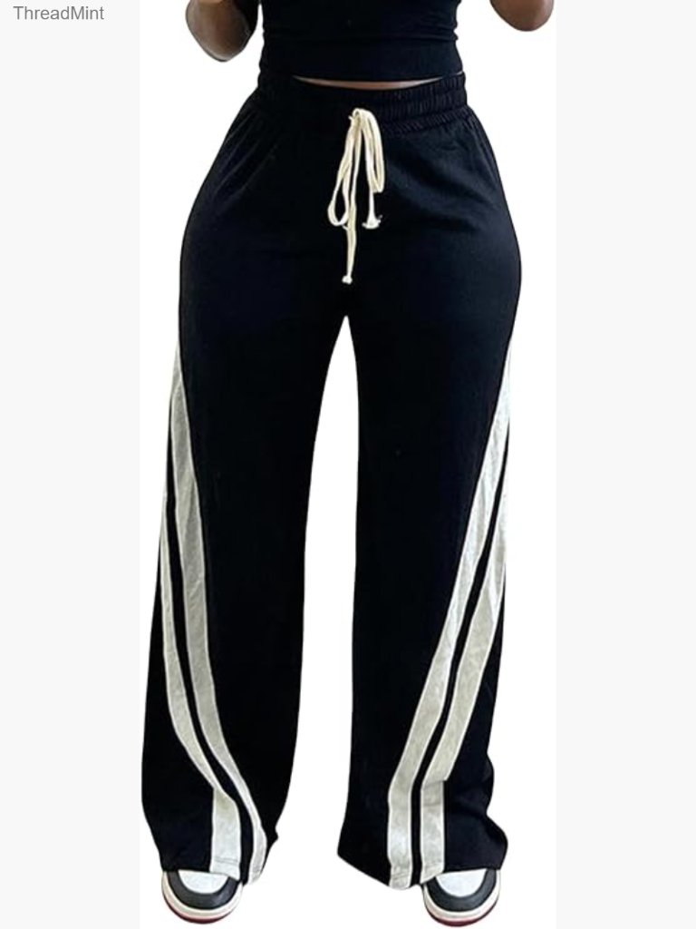 High Rise Wide Leg Sweatpants With Side Stripes Straight Leg Joggers